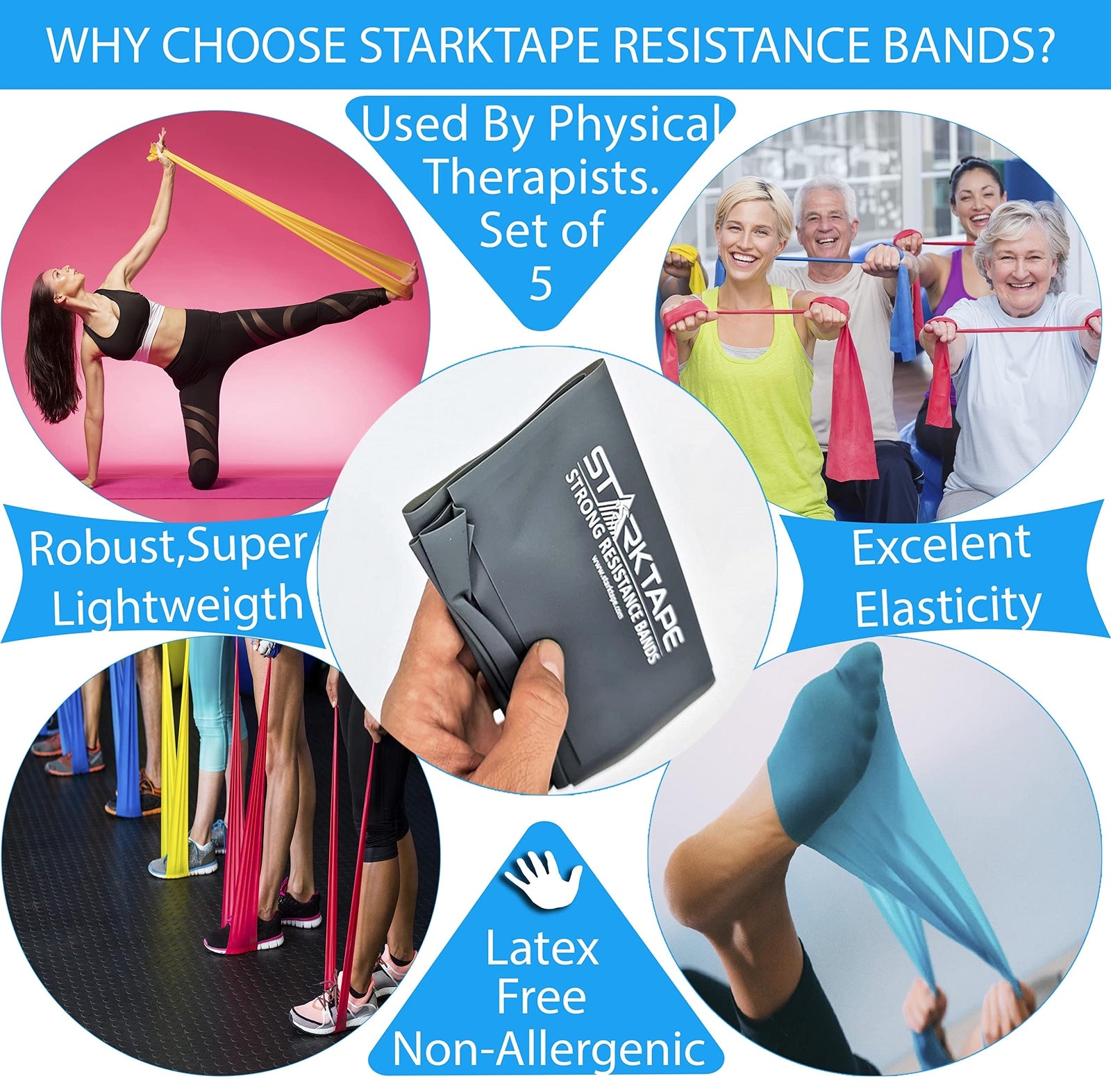 Resistance Bands Set. 5 Pack Non-Latex Physical Therapy, Professional Elastic...