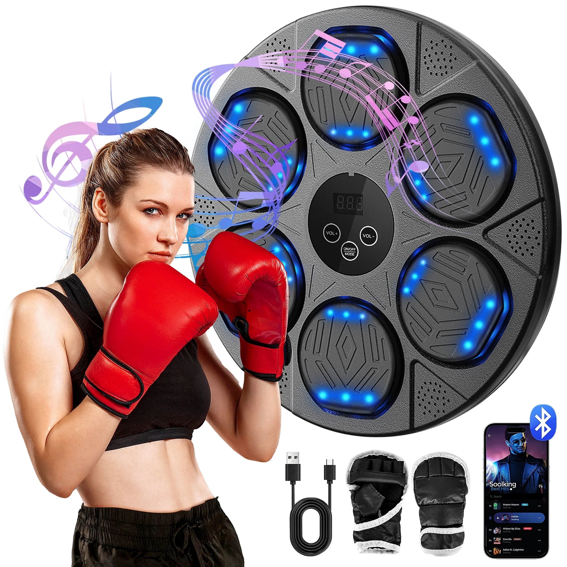 Music Boxing Machine, Workout Equipment with LED Guidance, Touch Control, Bluetooth Audio, for Adults, Family Games, Black
