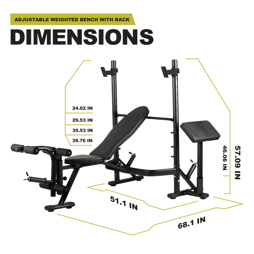 Adjustable Weight Bench with Olympic Squat Rack, Arm and Leg Developer with Preacher Pad, 620 Lb. Weight Limit for Bench, 1000 Lb. Weight Limit for Olympic Squat Rack