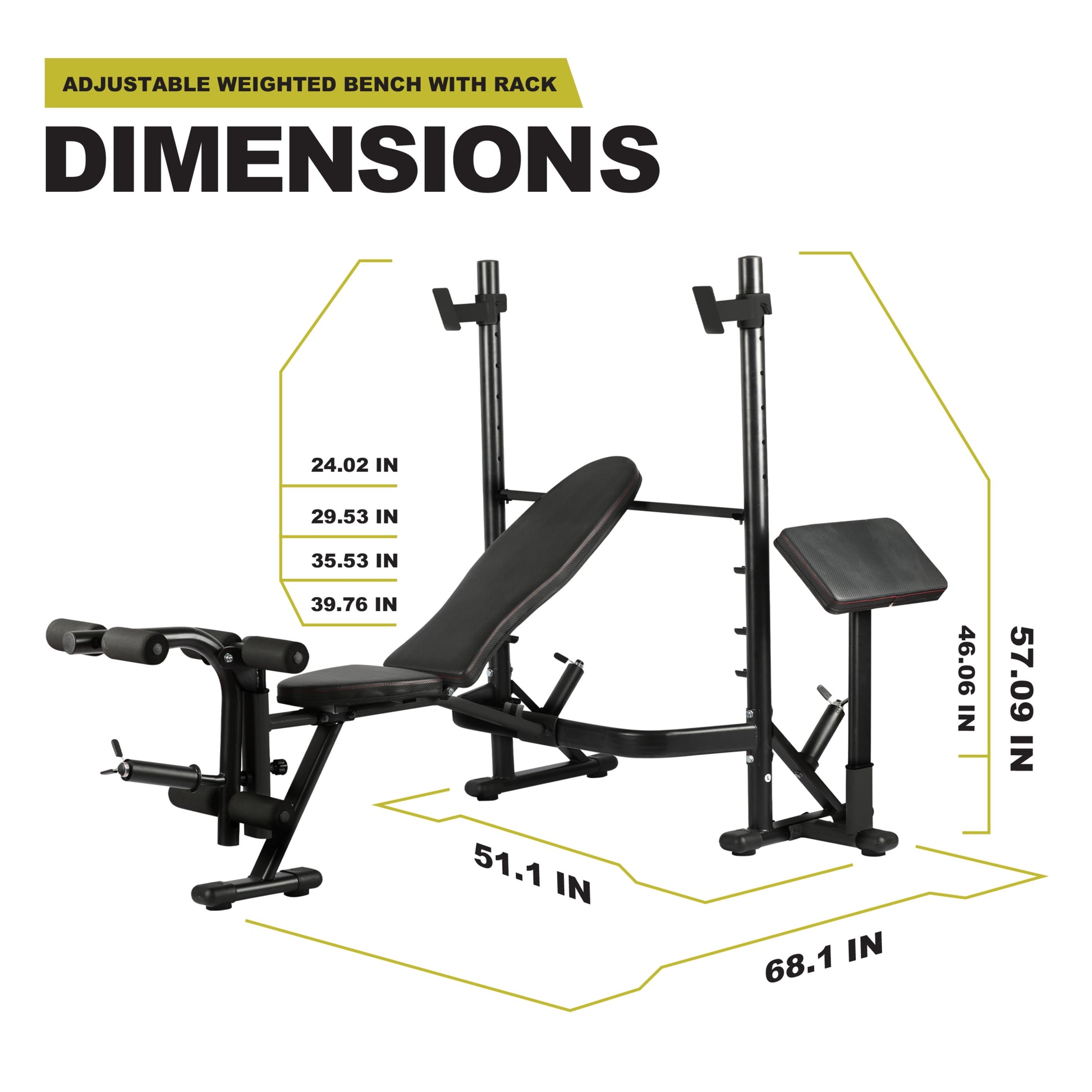 Adjustable Weight Bench with Olympic Squat Rack, Arm and Leg Developer with Preacher Pad, 620 Lb. Weight Limit for Bench, 1000 Lb. Weight Limit for Olympic Squat Rack