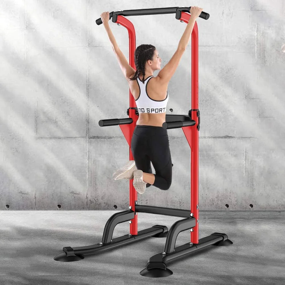 Power Tower Pull up Bar, Strength Training Workout Equipment with Adjustable Height, Red