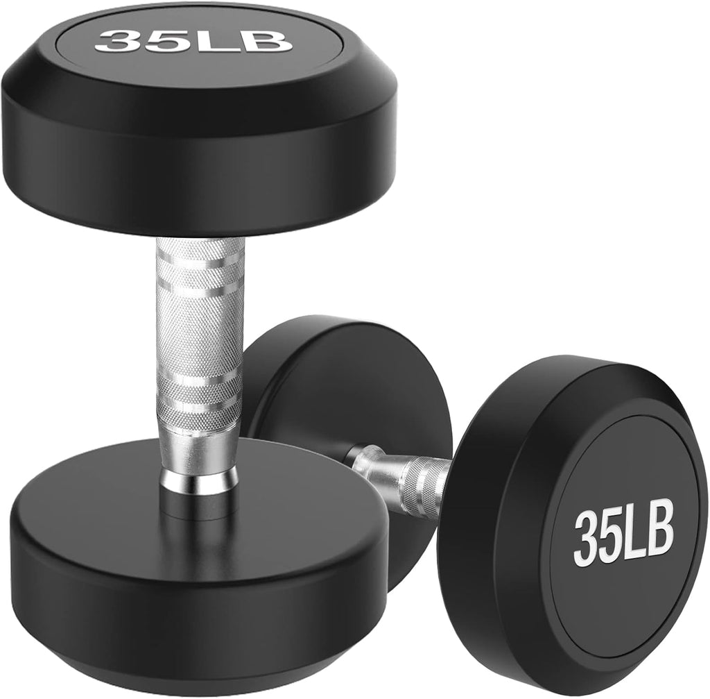 Rubber Coated round Dumbbells Set of 2, Free Hand Weight with Metal Handle for Home Gym Equipment Workout Strength Training, 35 LB