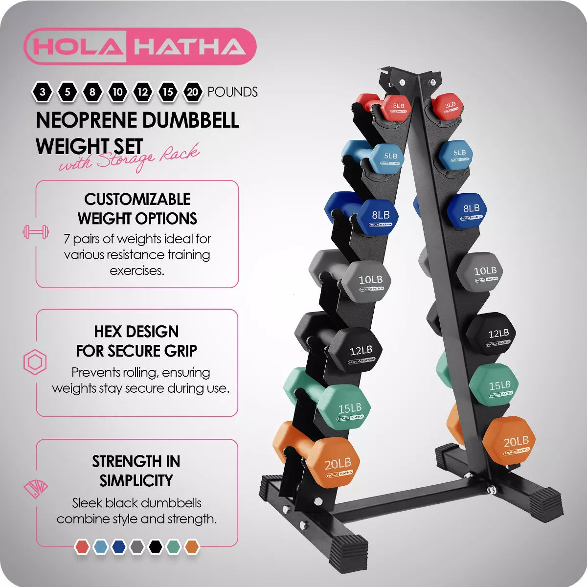 Holahatha 146 Pound Neoprene Dumbbell Weight Set, 3, 5, 8, 10, 12, 15 and 20 Pound Free Hand Weights for Full Body Strength Workouts with Storage Rack