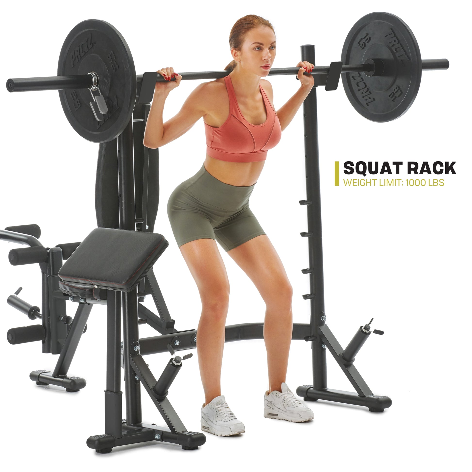 Adjustable Weight Bench with Olympic Squat Rack, Arm and Leg Developer with Preacher Pad, 620 Lb. Weight Limit for Bench, 1000 Lb. Weight Limit for Olympic Squat Rack