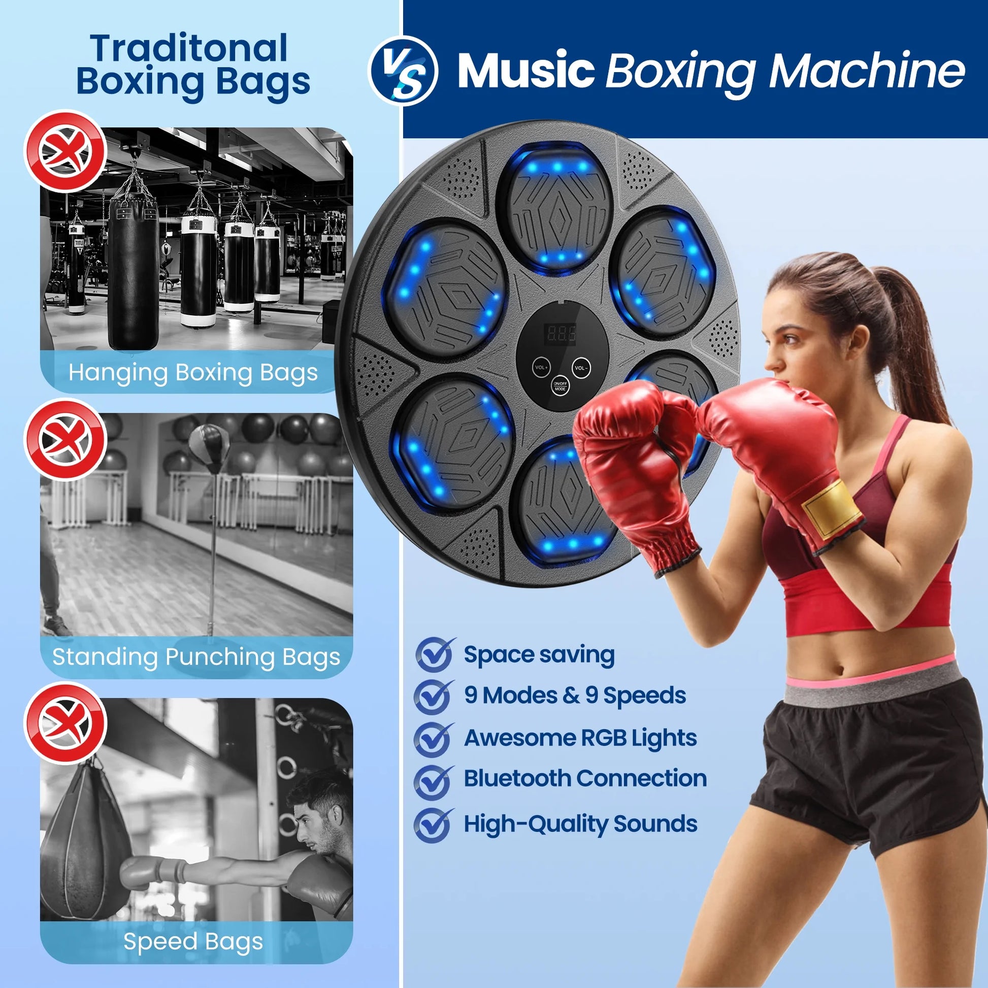 Music Boxing Machine, Workout Equipment with LED Guidance, Touch Control, Bluetooth Audio, for Adults, Family Games, Black