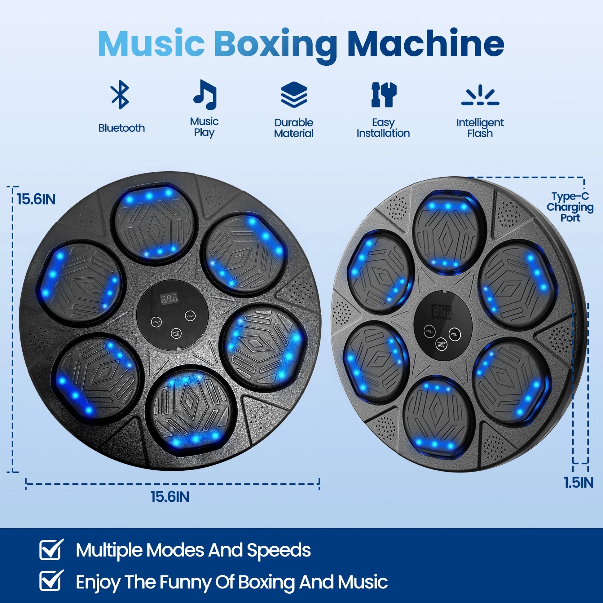 Music Boxing Machine, Workout Equipment with LED Guidance, Touch Control, Bluetooth Audio, for Adults, Family Games, Black