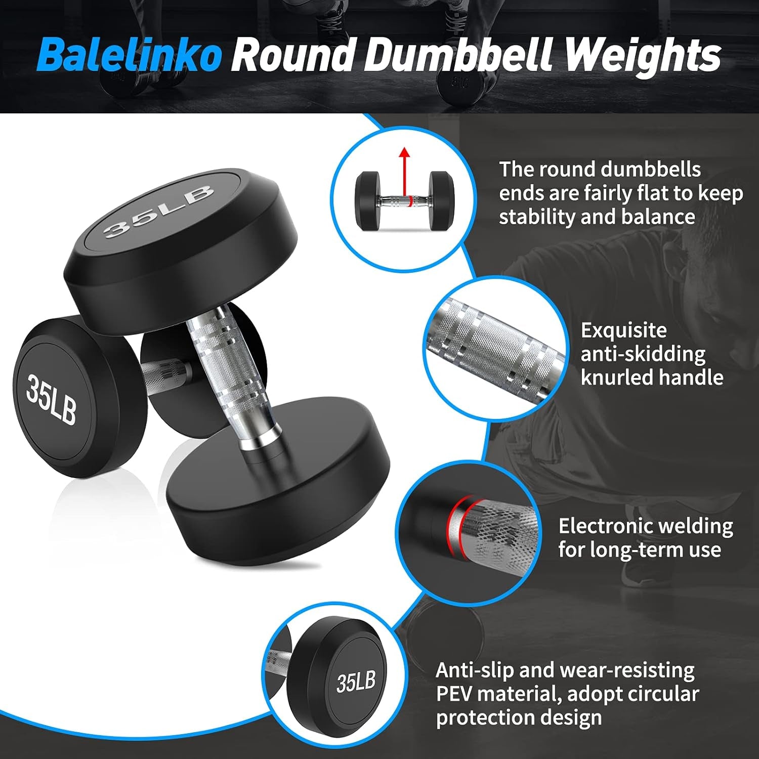 Rubber Coated round Dumbbells Set of 2, Free Hand Weight with Metal Handle for Home Gym Equipment Workout Strength Training, 35 LB