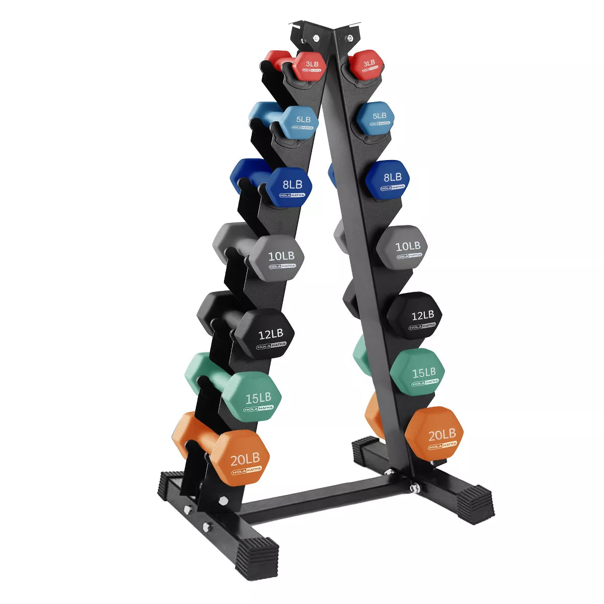 Holahatha 146 Pound Neoprene Dumbbell Weight Set, 3, 5, 8, 10, 12, 15 and 20 Pound Free Hand Weights for Full Body Strength Workouts with Storage Rack